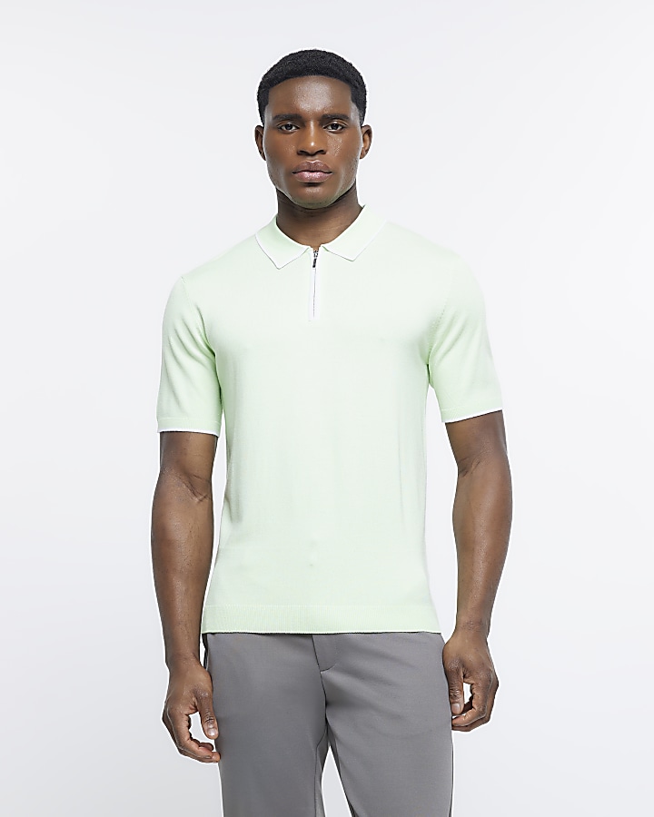 Green slim fit knitted half zip polo shirt