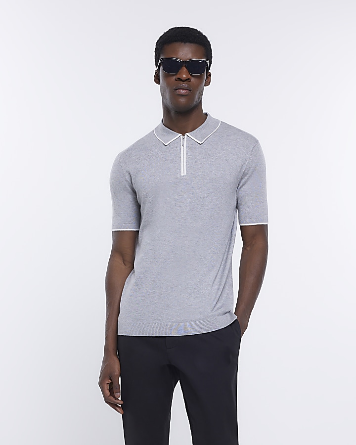 Grey slim fit knitted half zip polo