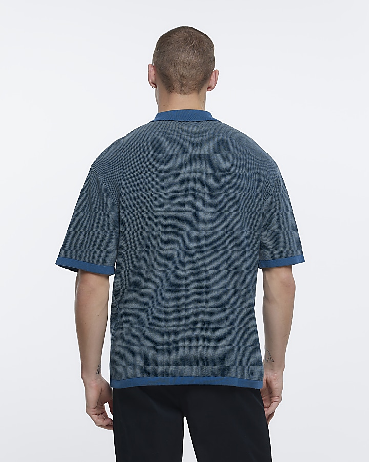 Blue oversized fit textured polo