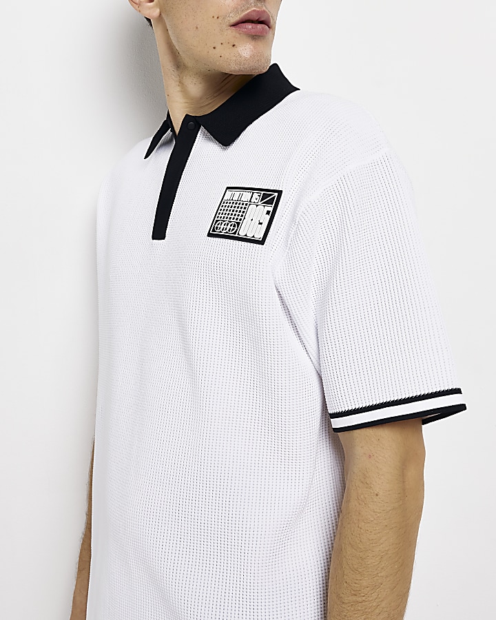 White slim fit patch detail polo shirt