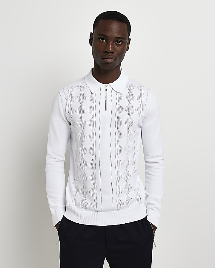 White slim fit check knitted polo shirt