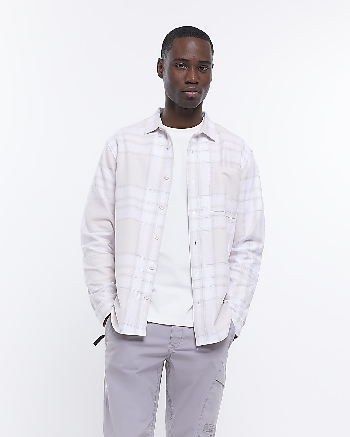 Ecru regular fit twill check shirt