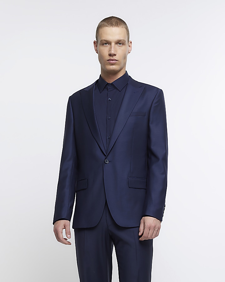 Navy slim fit wool premium suit jacket