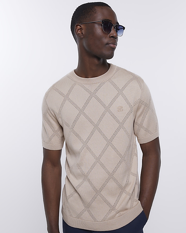Stone slim fit argyle knitted t-shirt