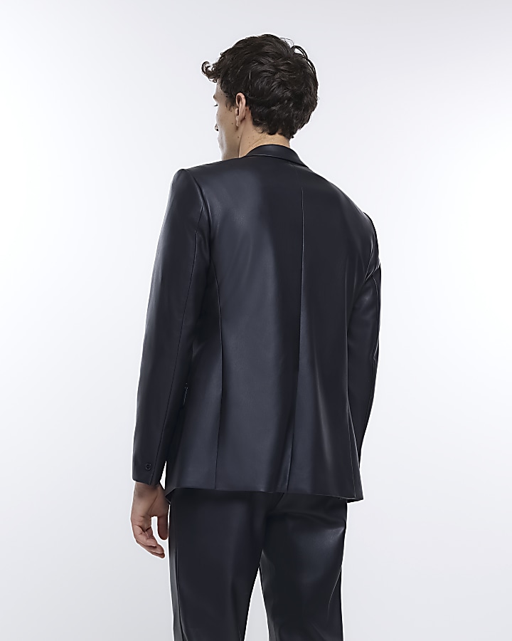 Black slim fit faux leather suit jacket