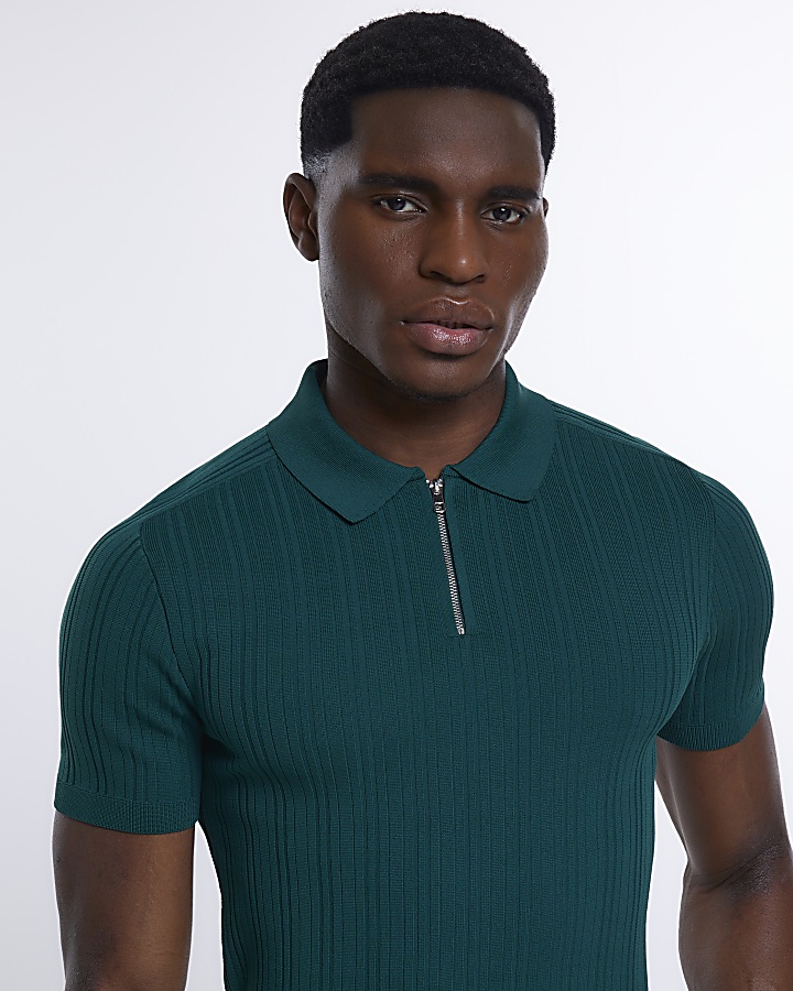 Green muscle fit ribbed polo shirt | River Island