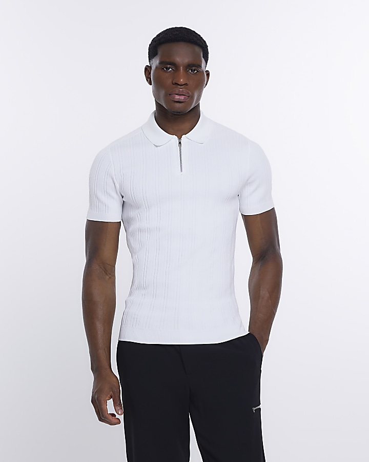 White Muscle fit ribbed half zip polo shirt
