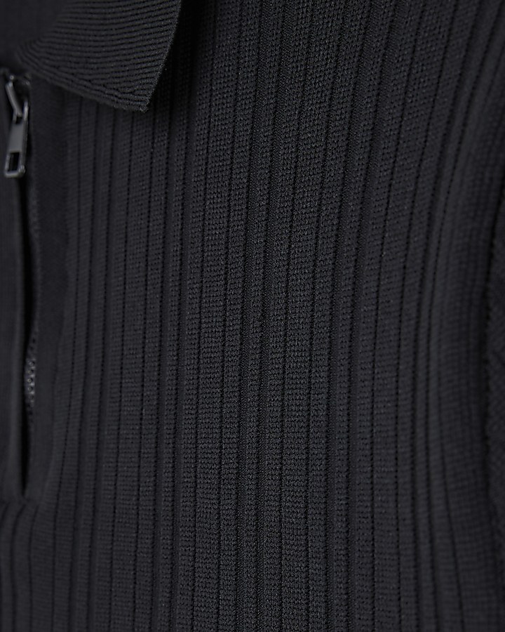 Black muscle fit ribbed zip up polo shirt | River Island