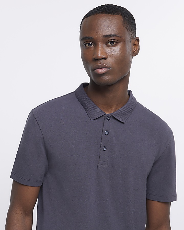 Grey slim fit buttoned polo shirt River Island