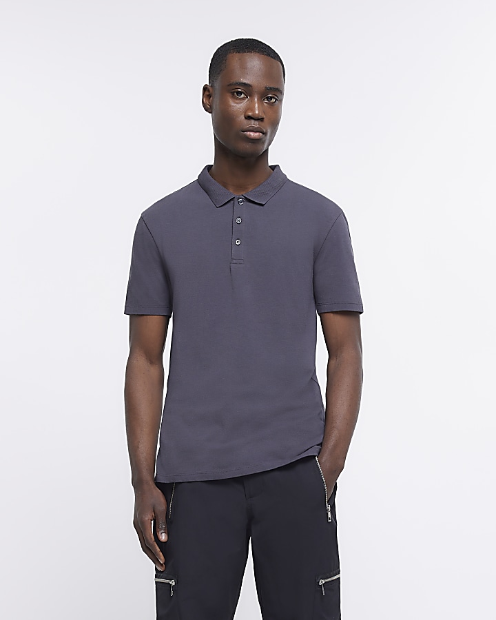 Grey slim fit buttoned polo shirt | River Island