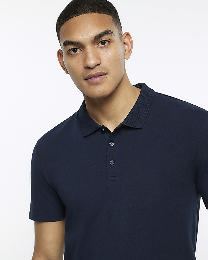 Navy slim fit buttoned polo shirt River Island