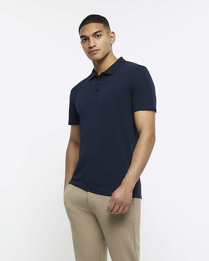 Navy slim fit buttoned polo shirt