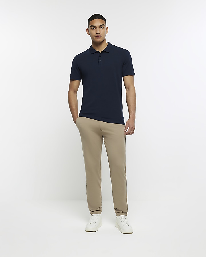 Navy slim fit buttoned polo shirt