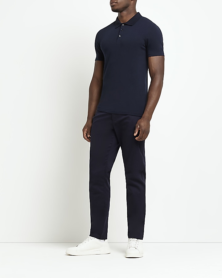 Navy muscle fit buttoned polo shirt