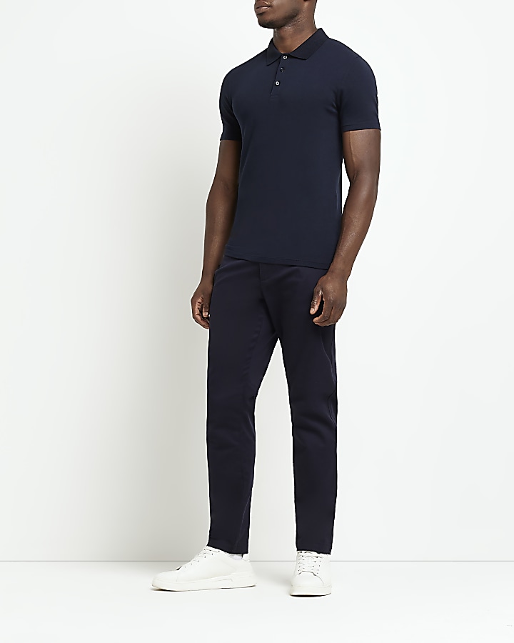 Navy muscle fit buttoned polo shirt River Island