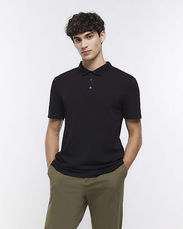 Black slim fit buttoned polo shirt | River Island