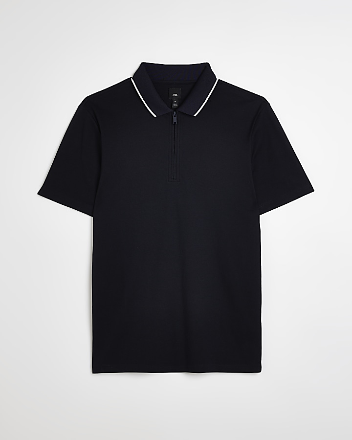 Navy muscle fit short sleeve polo shirt | River Island