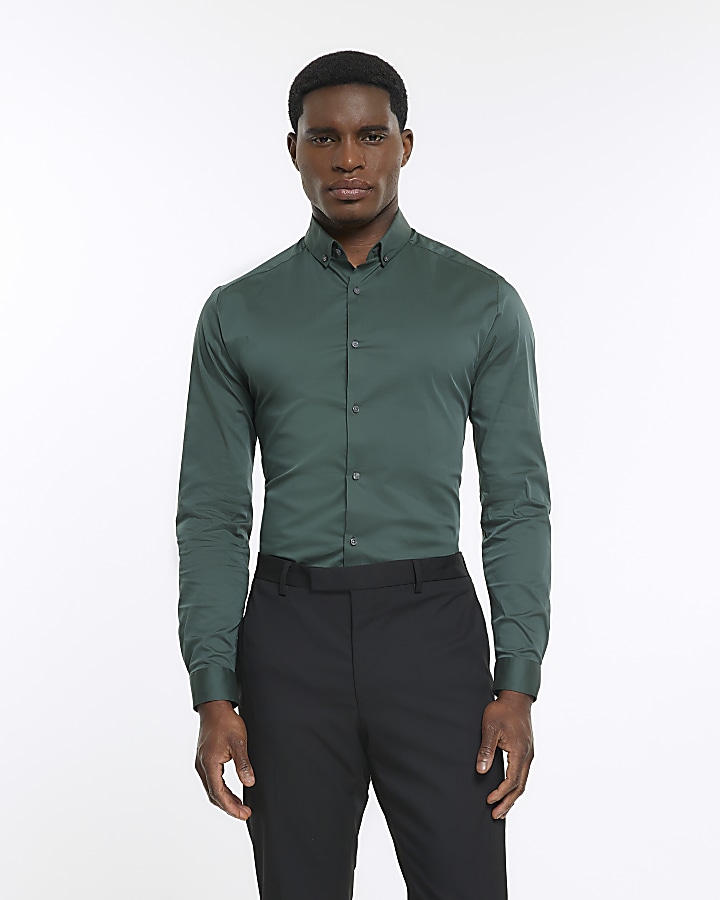 Khaki muscle fit smart shirt | River Island