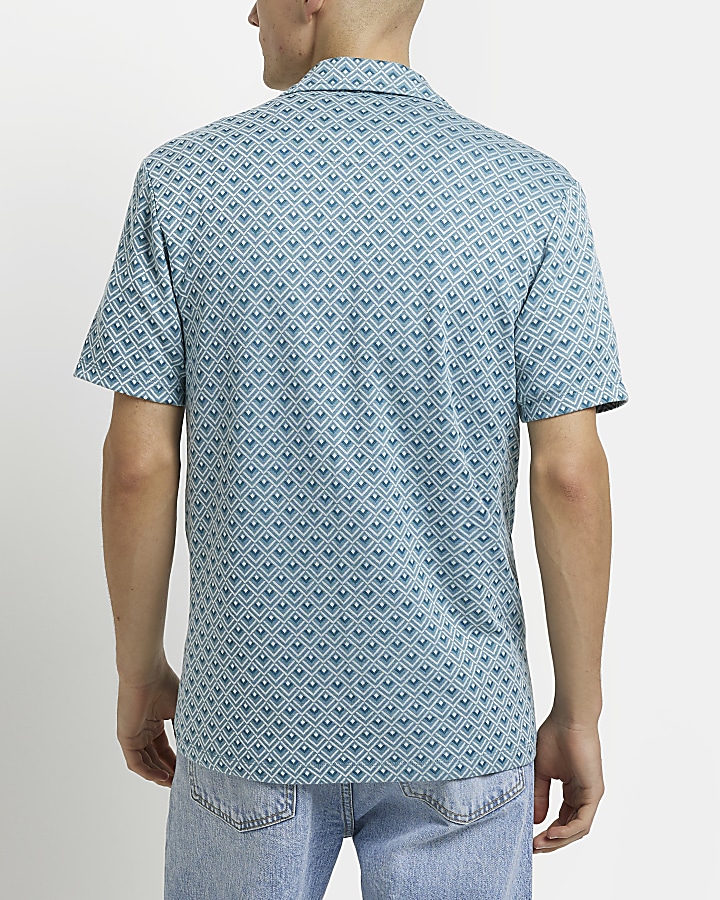 Blue Regular fit Jacquard print Revere shirt
