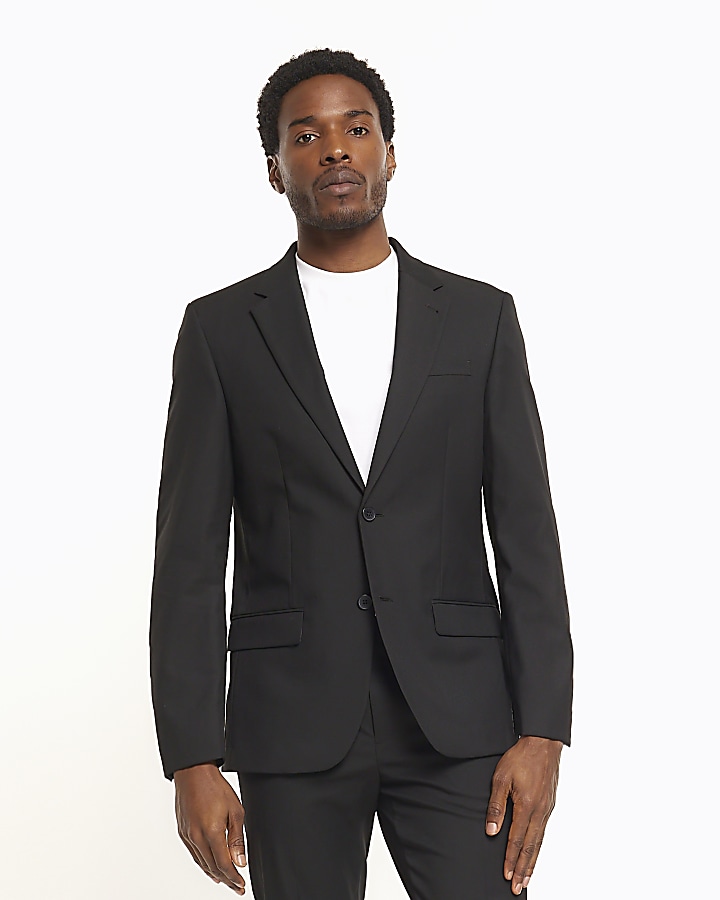 Black skinny fit twill suit jacket River Island