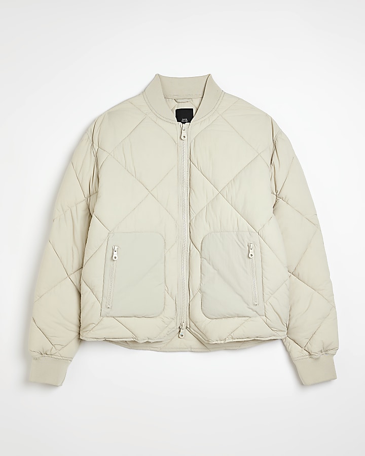 Stone regular fit quilted bomber jacket