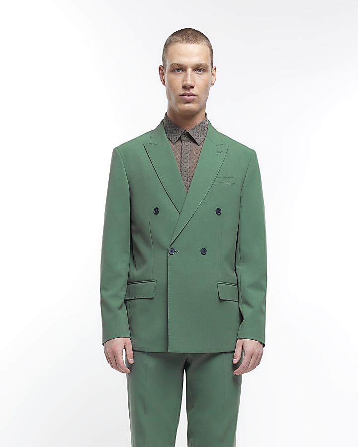 Green slim fit double breasted suit jacket