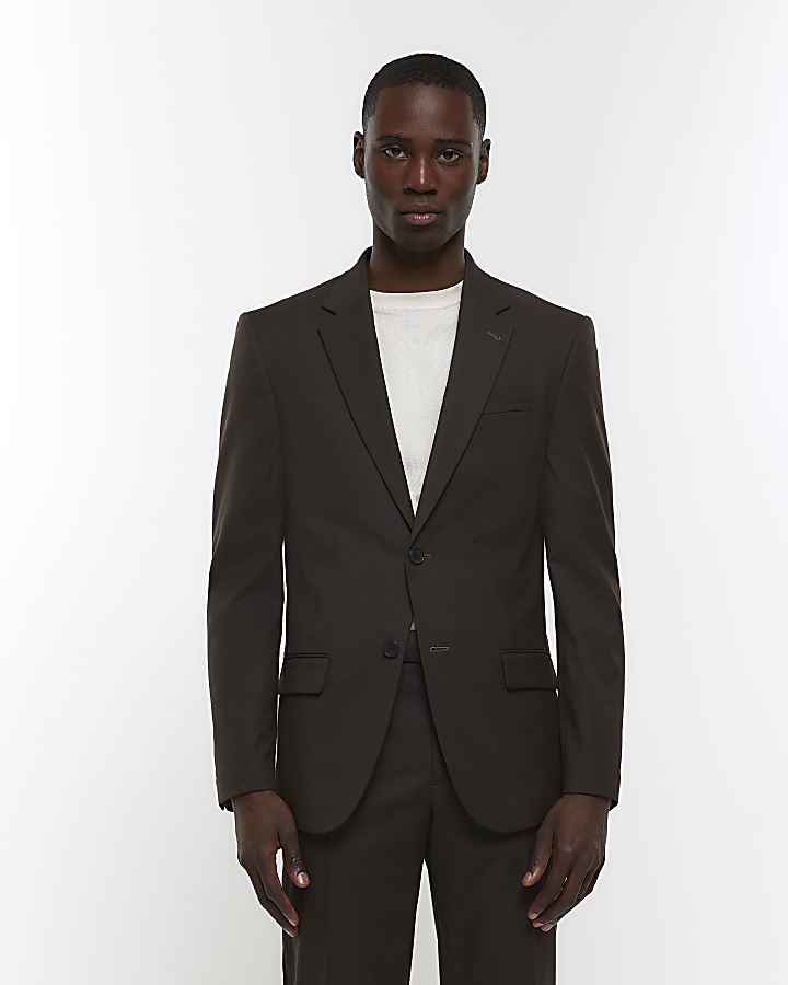 Dark brown slim fit suit jacket | River Island