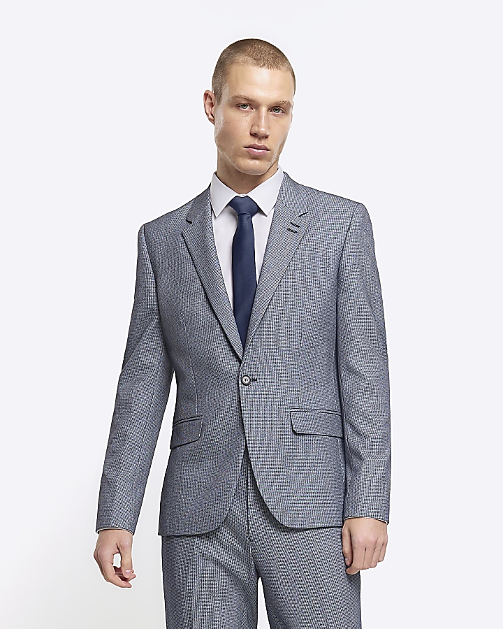 Blue skinny fit dogtooth suit jacket