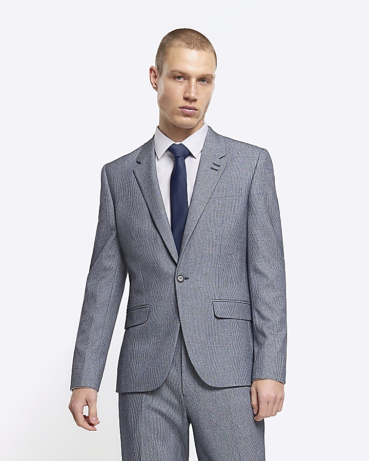 Blue skinny fit dogtooth suit jacket | River Island