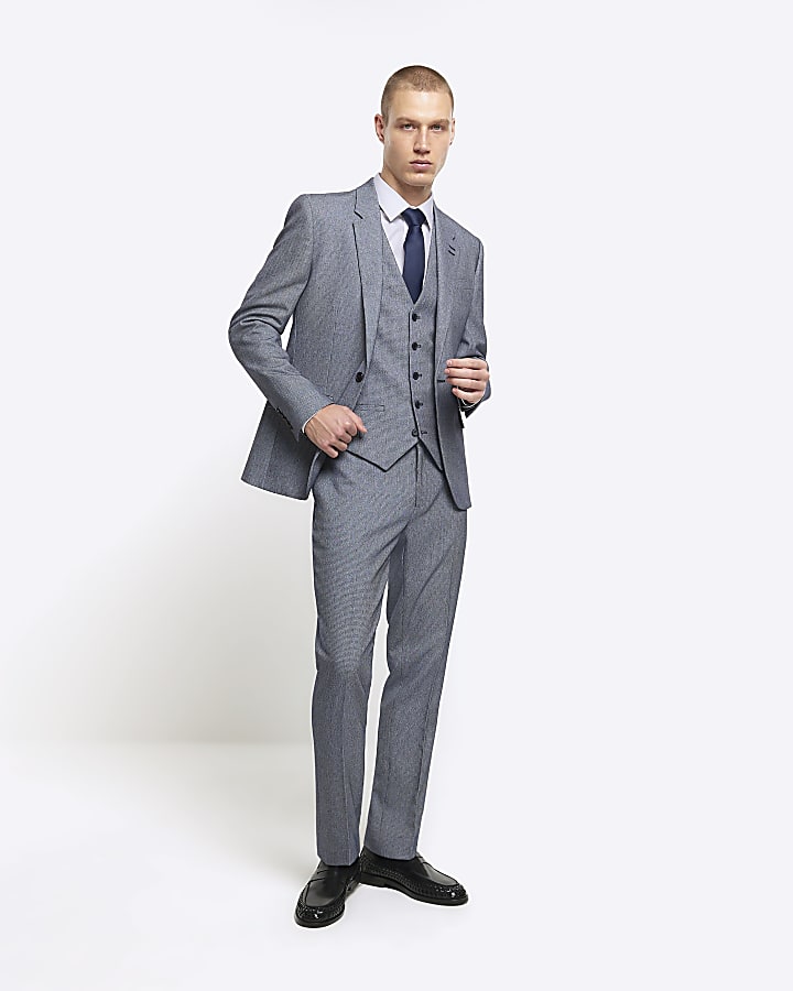 Blue skinny fit dogtooth waistcoat River Island