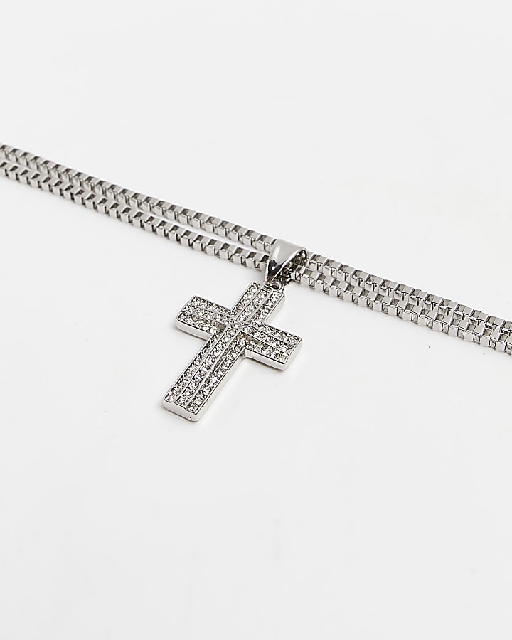 Silver colour Crystal Cross Pendant necklace