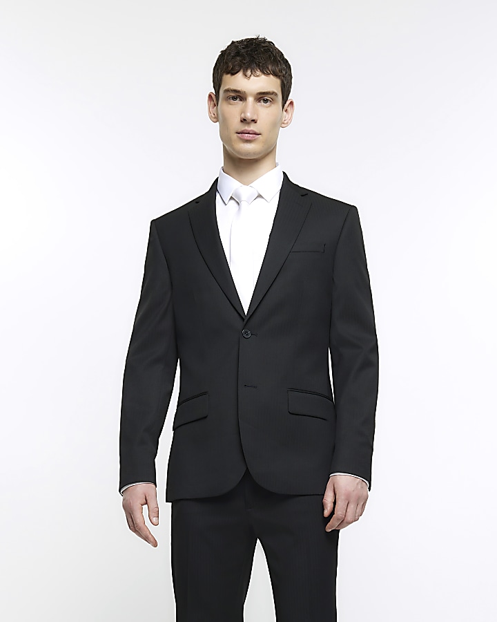 Black skinny fit herringbone suit jacket | River Island