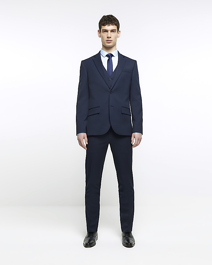 Navy skinny fit herringbone suit trousers | River Island