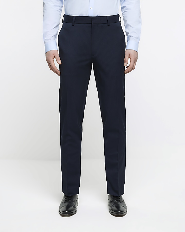 Navy skinny fit herringbone suit trousers | River Island