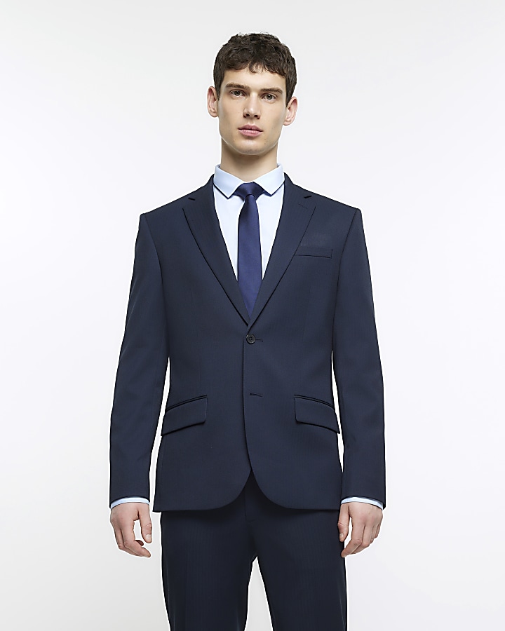 Navy skinny fit herringbone suit jacket | River Island