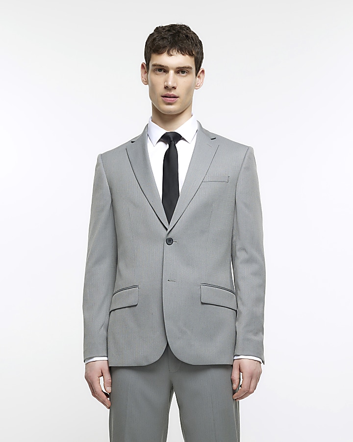 Grey skinny fit herringbone suit jacket