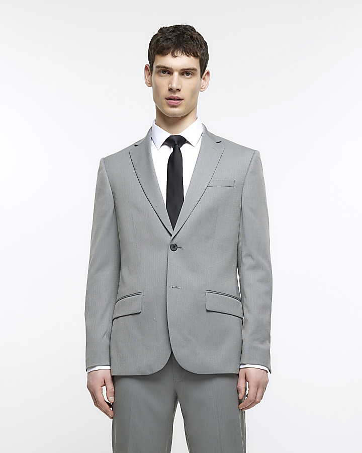 Suits, Tailored Fit Grey Mini Herringbone Suit Jacket