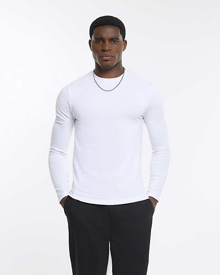 Basic White Long Sleeve Fitted T Shirt, Tops