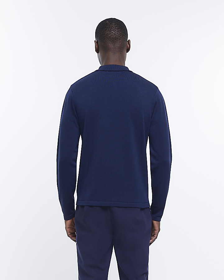Blue slim fit argyle half zip polo shirt