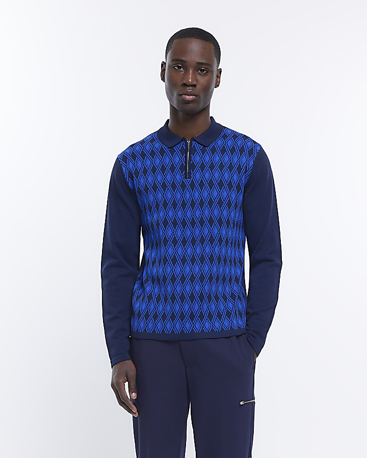 Blue slim fit argyle half zip polo shirt | River Island