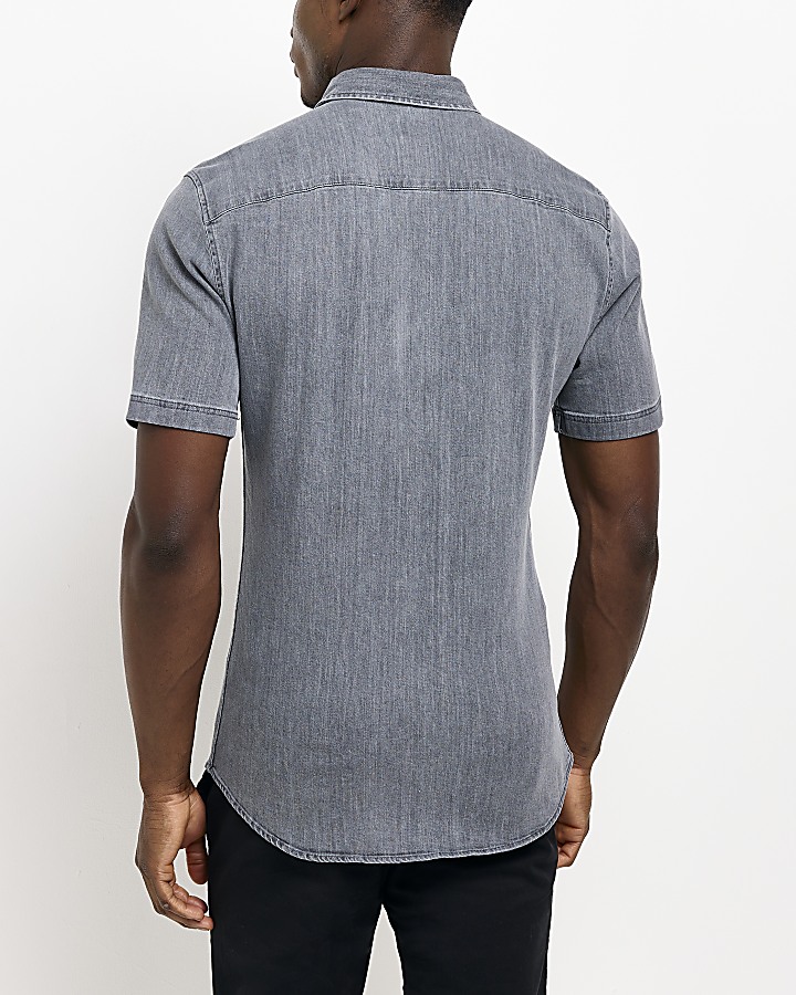 Grey Muscle fit short sleeve Denim Shirt