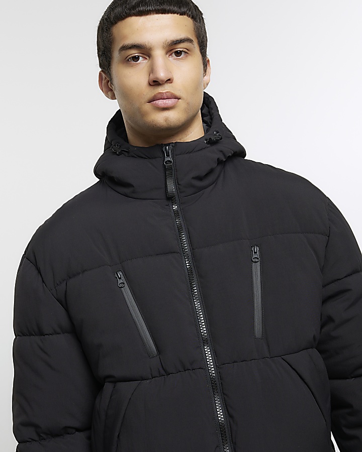Black hooded puffer jacket