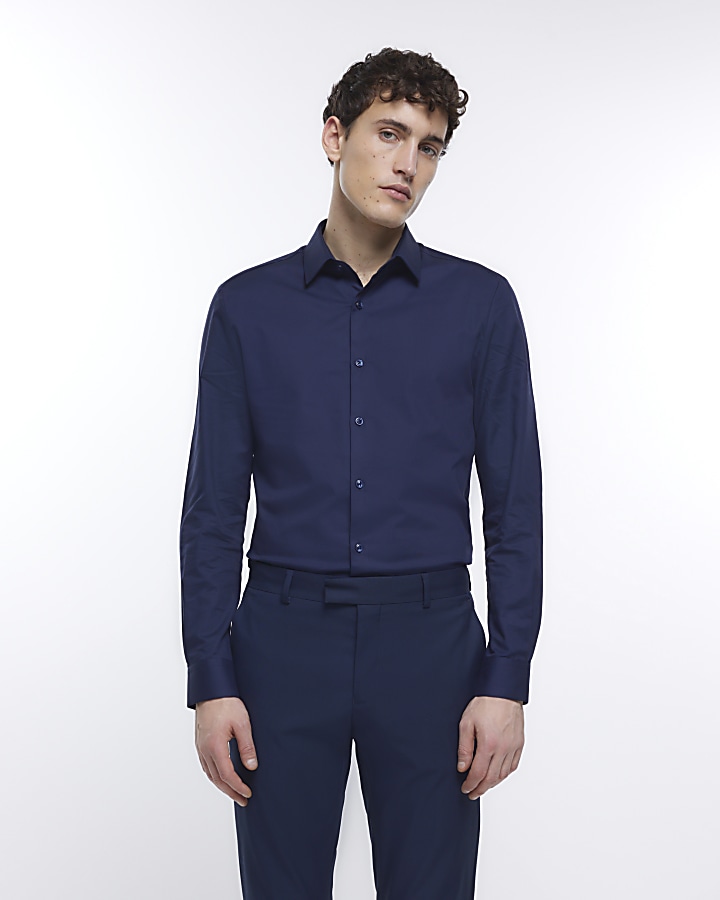 Navy slim fit long sleeve shirt