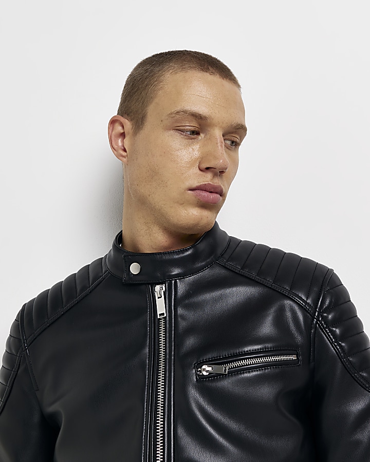 Black faux leather racer jacket | River Island