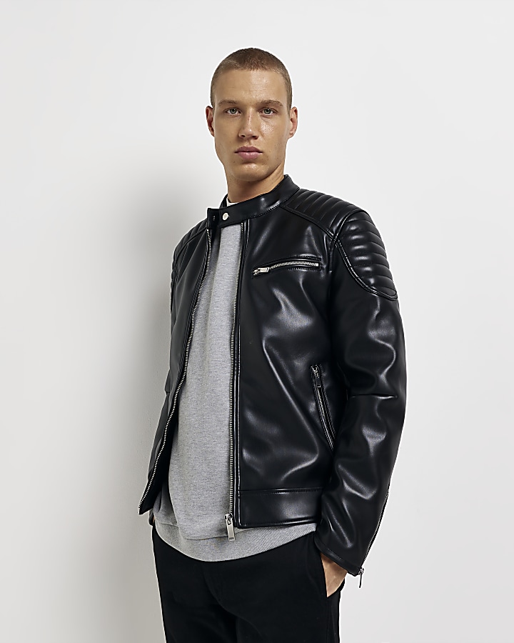 Black faux leather racer jacket