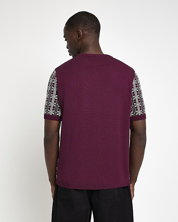 Dark Red Slim Fit Geometric knit T-Shirt