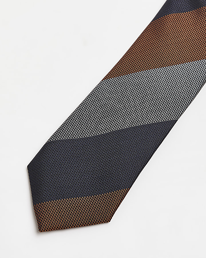 Navy colour blocked stripe silk tie | River Island