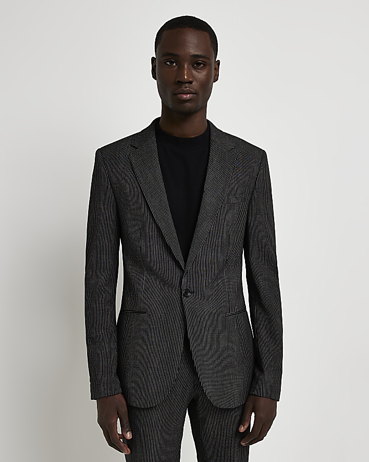 Black super skinny fit pinstripe suit jacket River Island