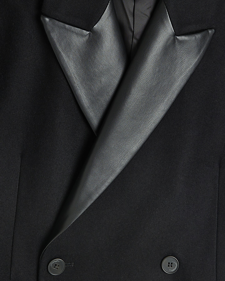 Black faux leather detail longline overcoat | River Island