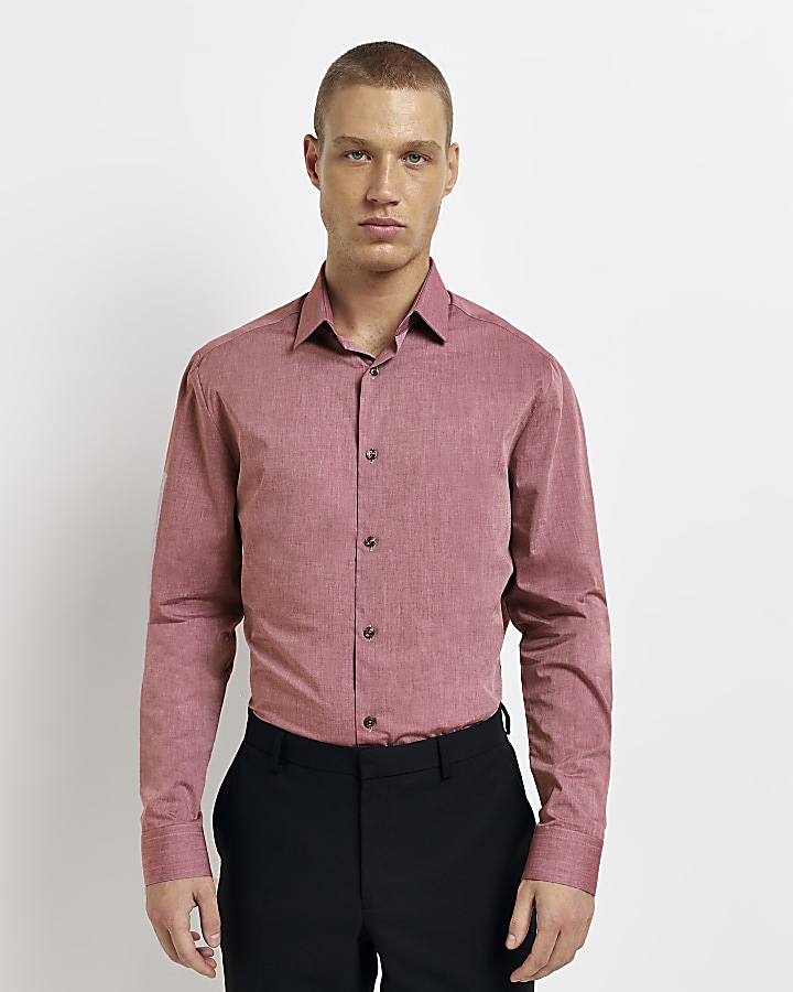 Dark pink slim fit long sleeve shirt | River Island